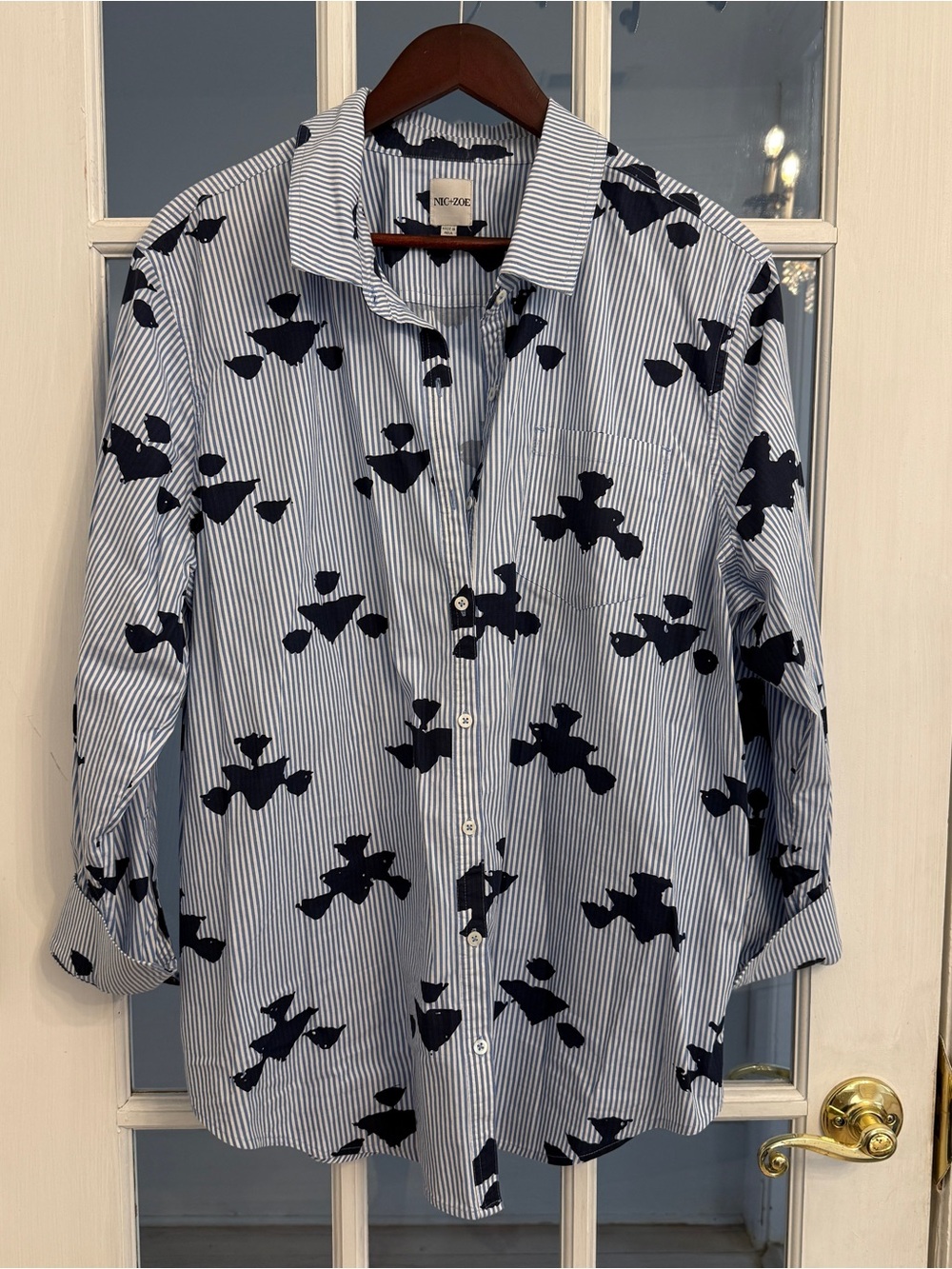 NIC+ZOE Women’s Blue Stamped Stripe Cotton Button Down Tunic Shirt S251612 Sz XL